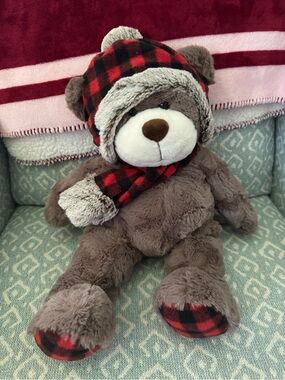 Kay Jewelers Brown Plush Bear with Red & Black Plaid Hat and Scarf